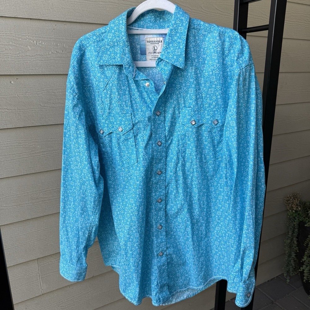 Panhandle Rough Stock Western Shirt Pearl Snap Large Turquoise Aztec Rodeo